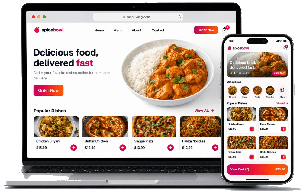 Free online ordering system for restaurants on laptop and phone